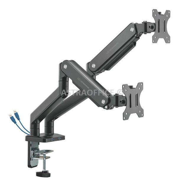 Polohovatelný držák ULTRADESK BRANCH Double pro 2 monitory, 20KG, svorka a průchodka stolu, 17''-32'', 75x75/100x100, černý