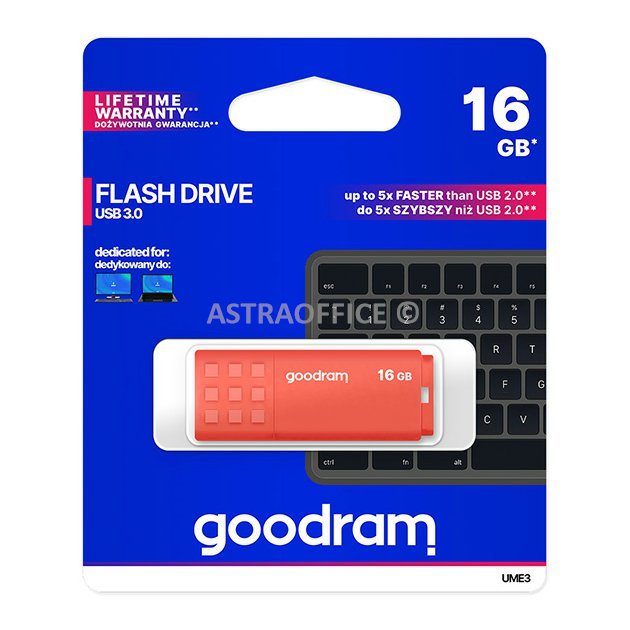 Goodram USB flash disk, USB 3.0, 16GB, UME3, oranžový, UME3-0160O0R11, USB A, s krytkou