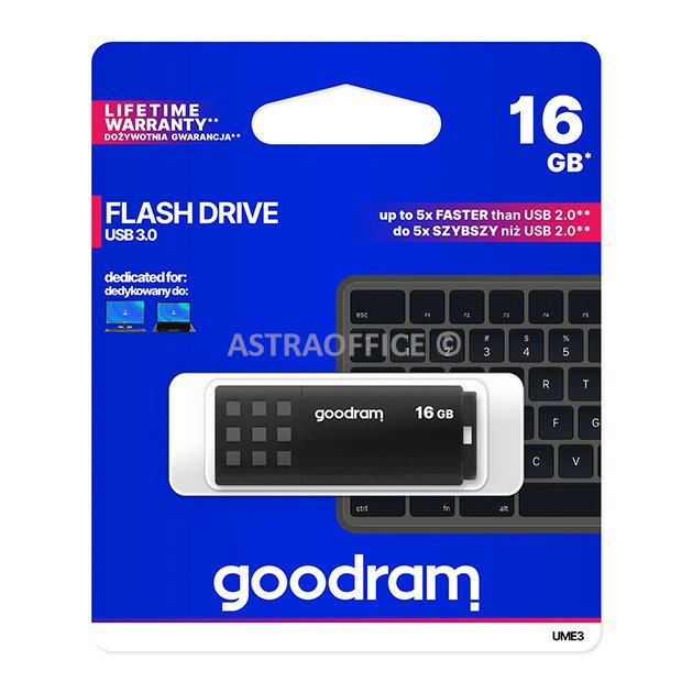 Goodram USB flash disk, USB 3.0, 16GB, UME3, černý, UME3-0160K0R11, USB A, s krytkou