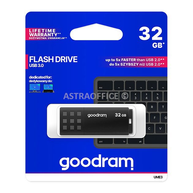 Goodram USB flash disk, USB 3.0, 32GB, UME3, černý, UME3-0320K0R11, USB A, s krytkou