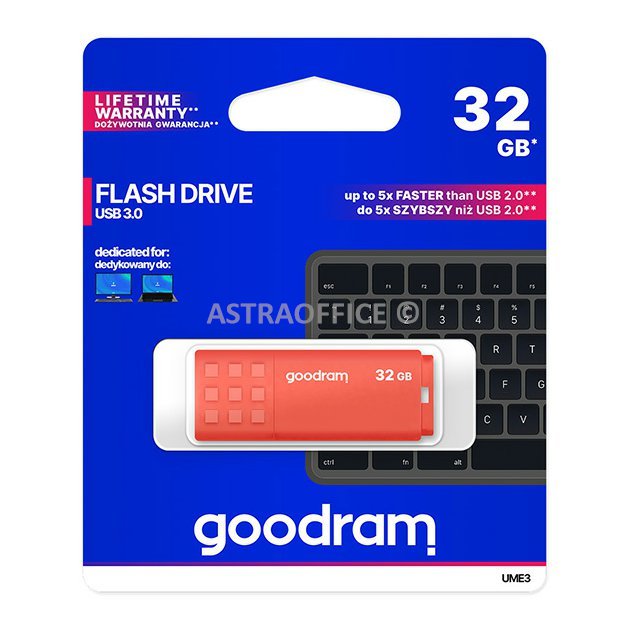Goodram USB flash disk, USB 3.0, 32GB, UME3, oranžový, UME3-0320O0R11, USB A, s krytkou