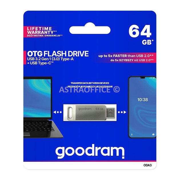 Goodram USB flash disk, USB 3.0, 64GB, ODA3, stříbrný, ODA3-0640S0R11, USB A / USB C, s otočnou krytkou