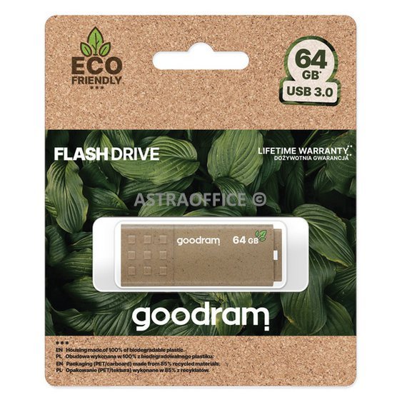 Goodram USB flash disk, USB 3.0, 64GB, UME3 ECO FRIENDLY, hnědý, UME3-0640EFR11, USB A, s krytkou