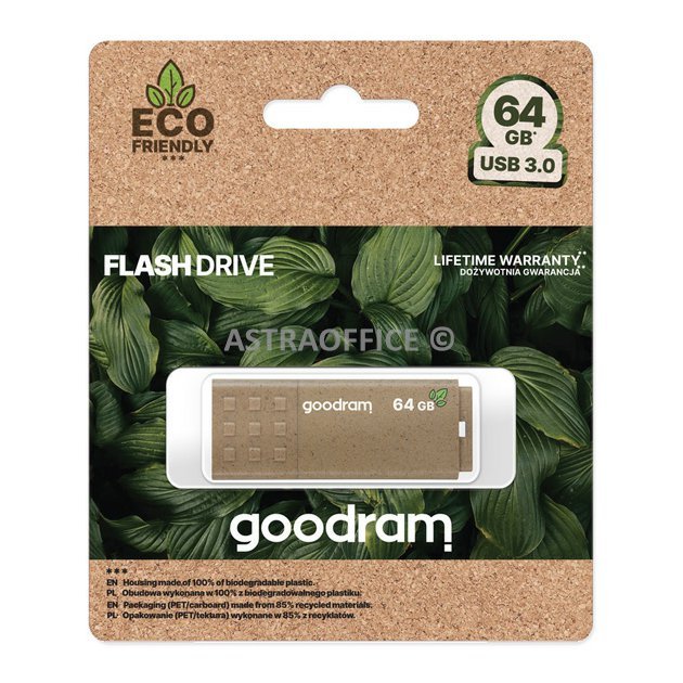 Goodram USB flash disk, USB 3.0, 64GB, UME3 ECO FRIENDLY, hnědý, UME3-0640EFR11, USB A, s krytkou