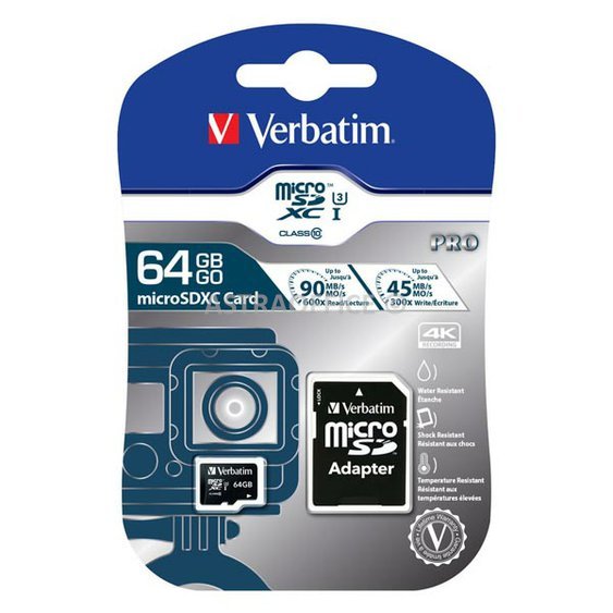 Verbatim paměťová karta Micro Secure Digital Card Pro U3, 64GB, micro SDXC, 47042, UHS-I U1 (Class 10), s adaptérem