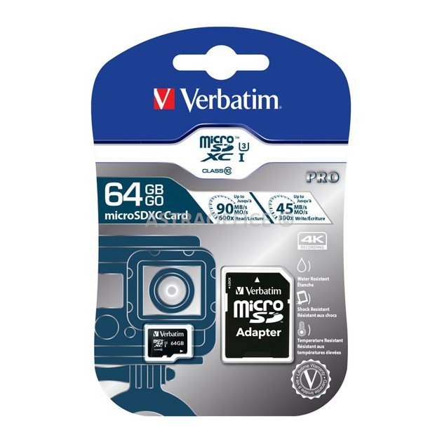 Verbatim paměťová karta Micro Secure Digital Card Pro U3, 64GB, micro SDXC, 47042, UHS-I U1 (Class 10), s adaptérem