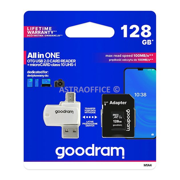 Goodram paměťová karta Micro Secure Digital Card All-In-ON, 128GB, multipack, M1A4-1280R12, UHS-I U1 (Class 10), multipack se čteč