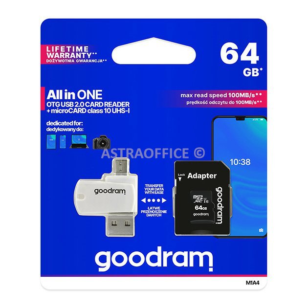 Goodram paměťová karta Micro Secure Digital Card All-In-ON, 64GB, multipack, M1A4-0640R12, UHS-I U1 (Class 10), multipack se čtečk
