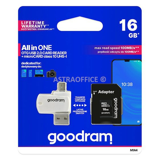 Goodram paměťová karta Micro Secure Digital Card All-In-ON, 16GB, micro SDHC, M1A4-0160R12, UHS-I U1 (Class 10), multipack se čteč