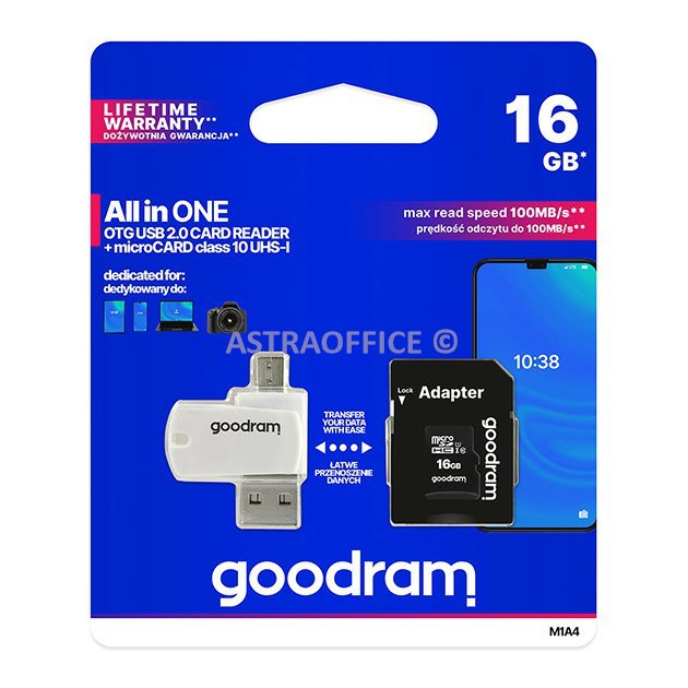Goodram paměťová karta Micro Secure Digital Card All-In-ON, 16GB, micro SDHC, M1A4-0160R12, UHS-I U1 (Class 10), multipack se čteč