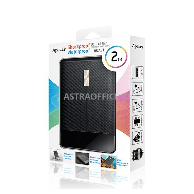 Apacer externí pevný disk, AC731, 2.5'', USB 3.0 (3.2 Gen 1), 2TB, AP2TBAC731B-1, černý, otřesuvzdorný, odolný proti prachu a vodě