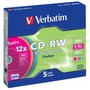 Verbatim CD-RW, 43167, SERL High-Speed Colour, 5-pack, 700MB, 12x, 80min., 12cm, bez možnosti potisku, slim box, pro archivaci dat