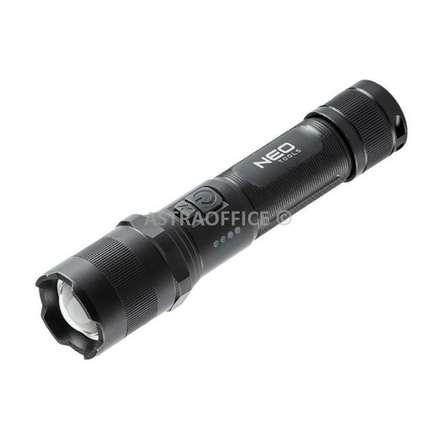 Dobíjecí svítilna, 1xLED, 1x2200 mAh, hliník, černá, IPX4, funkce zoom